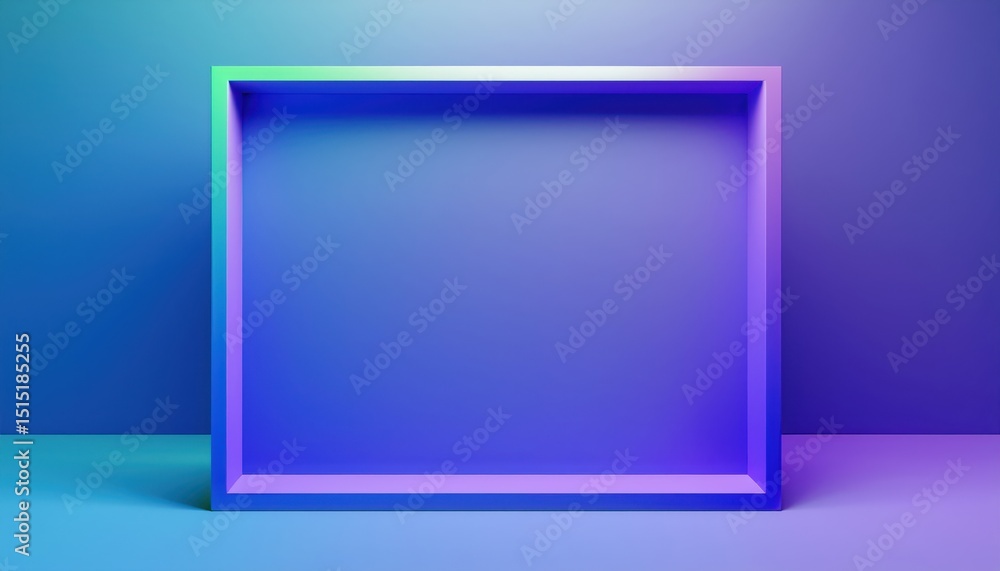 Poster minimalist 3d violet display frame with soft neon lighting on gradient blue background for modern we