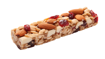 Close up of a granola bar with almonds cranberries and oats on a black background studio shot