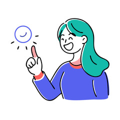Business Woman Pointing Finger at Something. Happy Face. Hand Drawn Style Vector Design illustrations