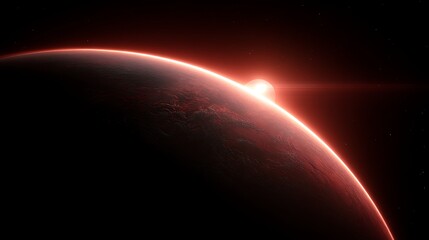 Fototapeta premium planet close-up, partially in shadow, dark red surface texture, glowing atmospheric rim light, deep space background with soft stars, dramatic realistic lighting, cosmic ambience, .