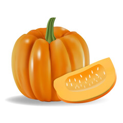 Realistic vector illustration of a whole pumpkin with a pumpkin slice.