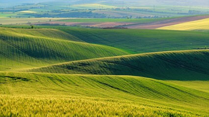 Beautiful spring landscape with field, hills and sunset. Czech Republic - South Moravia (Moravian Tuscany.) Concept for agriculture, travel, environment and nature.