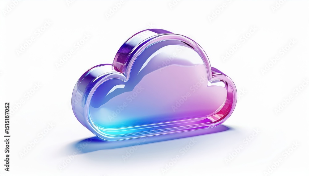 Poster glossy transparent cloud icon with gradient blue pink hues and upload symbol on white background for modern web interface, branding asset, app design, or tech print illustration

