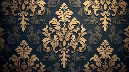 Elegant gold floral damask pattern on a dark blue background