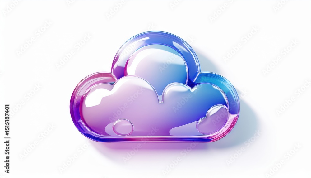 Poster glossy transparent cloud icon with gradient blue pink hues and upload symbol on white background for modern web interface, branding asset, app design, or tech print illustration

