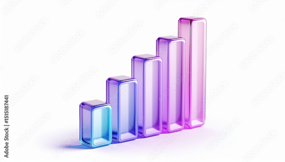 Poster glossy transparent 3d bar chart in gradient pink and blue on white background for infographic, tech branding, data analytics concept, web design element, or business presentation

