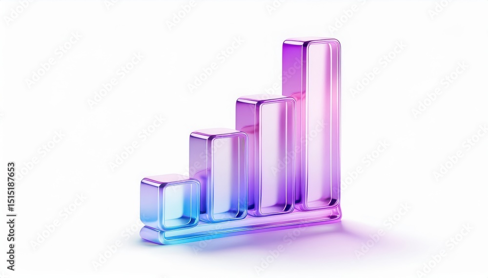 Poster glossy transparent 3d bar chart in gradient pink and blue on white background for infographic, tech branding, data analytics concept, web design element, or business presentation

