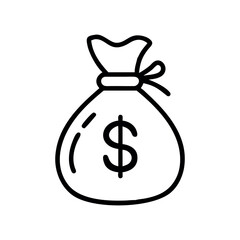 Money Bag Line Art Icon on White Background–Minimal Finance Vector Illustration. Ideal for financial apps, business presentations, and economic-themed illustrations.