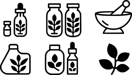 Herbal medicine and natural remedies icon set