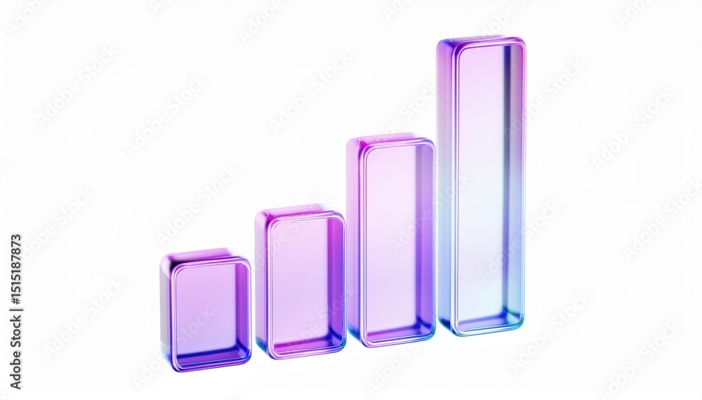 Poster glossy transparent 3d bar chart in gradient pink and blue on white background for infographic, tech branding, data analytics concept, web design element, or business presentation

