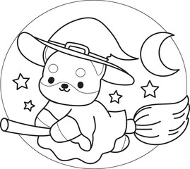Fototapeta premium Outline of Fluffy Shiba Inu pet stickers. Lineart of Happy doggy.