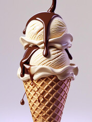 Swirled soft-serve ice cream in a waffle cone, topped with glossy chocolate syrup. The ice cream features creamy white and light beige tones, creating an appealing contrast.