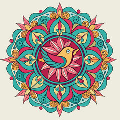 Colorful Mandala with Bird Illustration for Relaxation and Creative Design