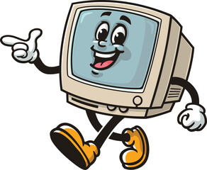 Retro computer character cartoon walking while looking for an idea