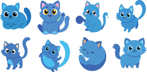 a group of cute blue cartoon cat characters, whimsical and playful, highly detailed, vector illustration, vibrant colors, adorable
