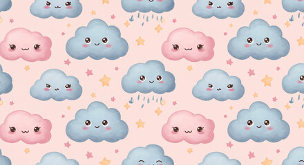 Fototapeta premium Cute clouds and stars pattern design for baby nursery decor and children's wallpaper background design