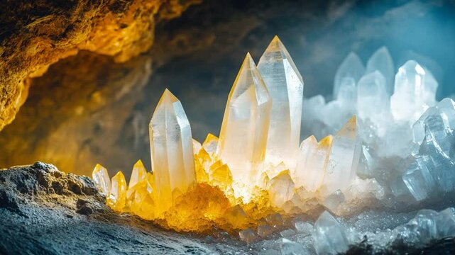 Stunning Close-Up of a Cluster of Quartz Crystals in a Cave, Shining with Light
