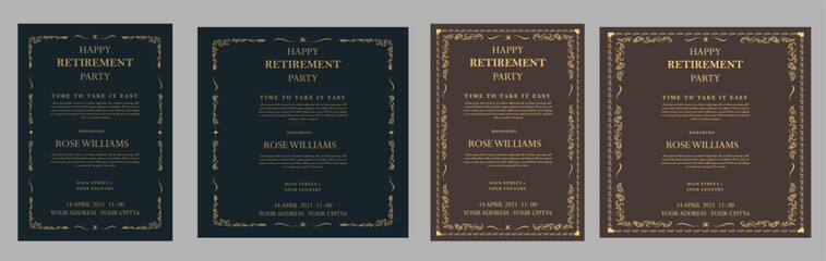 Set of retirement party invitation, square banner, instagram story and a4 poster, vector illustration eps 10