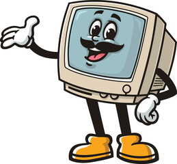 Retro computer character cartoon with mustache