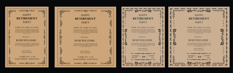 Set of retirement party invitation, square banner, instagram story and a4 poster, vector illustration eps 10