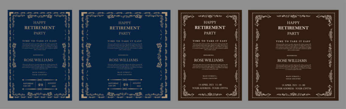Set of retirement party invitation, square banner, instagram story and a4 poster, vector illustration eps 10