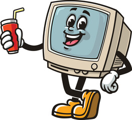 Retro computer character cartoon holding soft drink