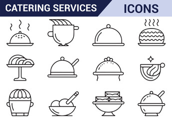 Catering equipment icons in line art, perfect for food service business illustrations.