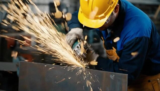 Industrial worker grinding metal with angle grinder &ndash; sparks flying in workshop
