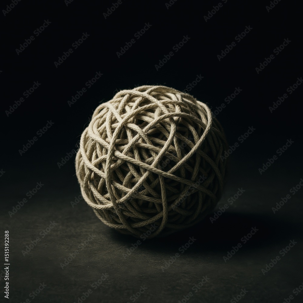 Poster thoughts tangled like a ball of string emphasize anxiety and mental strain in a dimly lit setting