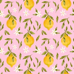 Seamless  pattern with lemons, green leaves and cute flowers. Watercolor floral background with citrus fruits. Great for textiles, wrapping paper, fabric, summer design, posters, scrapbooking.