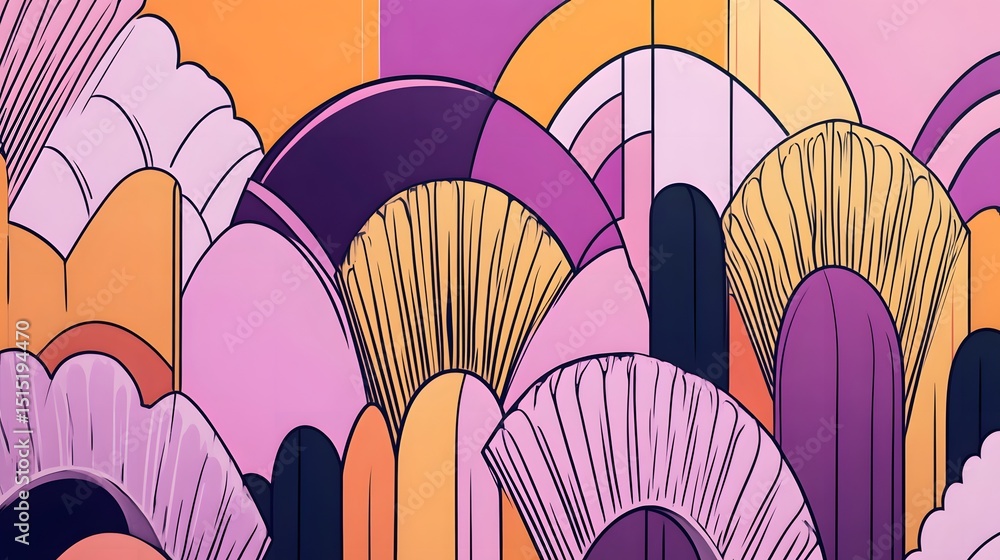 Poster colorful abstract design with layered shapes and repeating patterns.