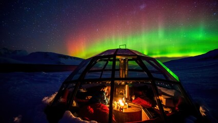 A cozy glass igloo under vibrant northern lights, with warm interior lighting creating a magical atmosphere in a snowy landscape.