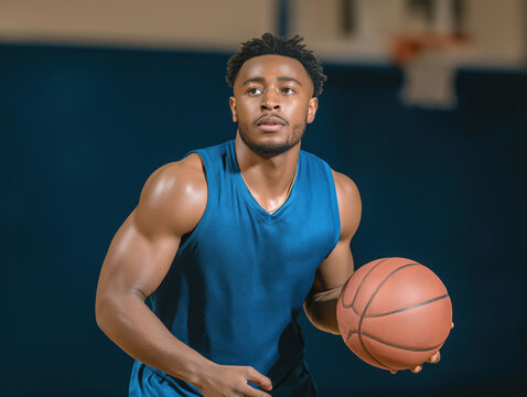 Athletic male basketball player in blue jersey dribbling a basketball on court, showcasing focus and determination in a dynamic sports environment