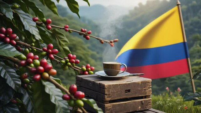 Colombian flag on a coffee plantation.