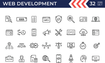 Line icon set of website development. Web design related vector illustration collection