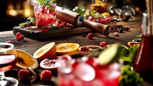 Festive berry cocktail with mint served on a rustic wood table with oranges and a muddler for a seasonal drink.