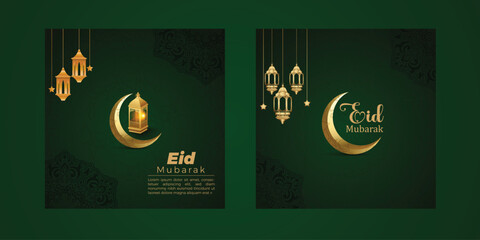 Eid Mubarak Muslim art greetings with Crescent Moon and Lanterns. Islamic celebration banner. ramadan kareem vector Wishing for Islamic festival for banner, poster, brochure and sale background. © Fazlerabbi