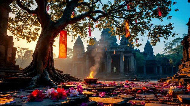 Ancient temple ruins with a large tree and floral decorations during sunrise