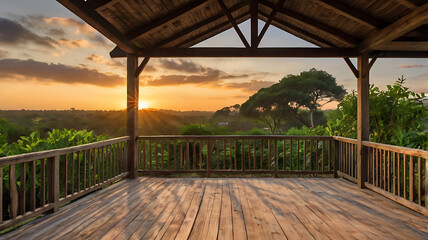 Sunrise View with a wooden porch with Lush Greenery plants