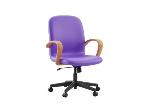 Purple office chair with wooden arms isolated on transparent background
