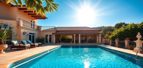 Sun-drenched Mediterranean villa with expansive balconies overlooking a sparkling pool,   stone,   estate