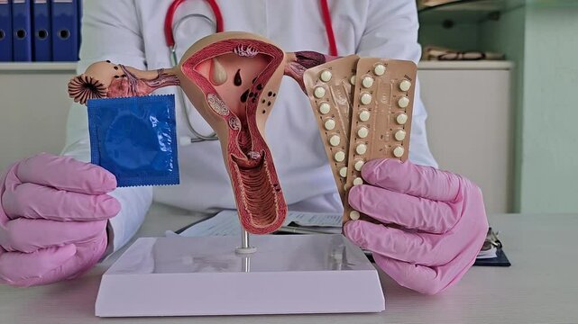 Doctor and model of female reproductive system and contraception options including condom and birth control pills in clinic. Safe sex