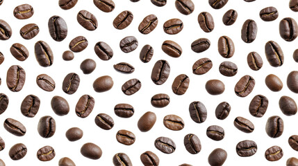 Obraz premium Many roasted coffee beans top view, rich brown texture of aromatic espresso ingredients for café or kitchen use, isolated on white background