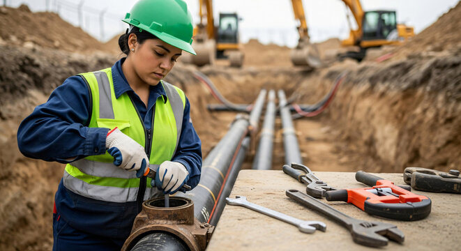 Woman plumber or engineer in hard hat tightening city water pipe on construction site. Municipal utility network maintenance.