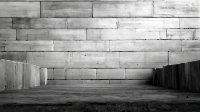 Monochromatic shot of concrete block wall with short wood plank dividers and surface with aged, weathered textured background