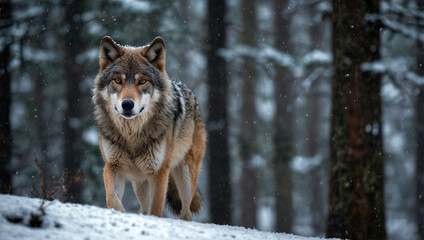 Obraz premium Grey wolf in winter forest. Wildlife scene from european forest. Created using generative AI tools