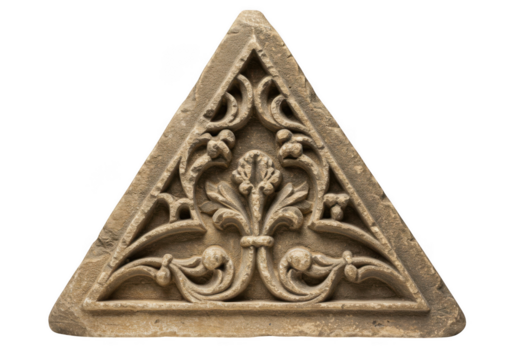 Triangular stone carving with floral design isolated on transparent background