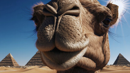 Close-up of friendly camel with pyramids in background captures charm of Egyptian desert. Expressive camel appears relaxed under bright sun