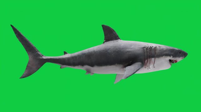 White Shark Swimming Animation Loop Pack &ndash; 9 Camera Angles &ndash; Green Screen Background