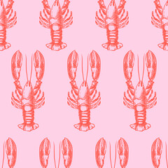 Red lobster seamless pattern. Vector hand drawn sketch illustration. Seafood doodle pink background. Print design